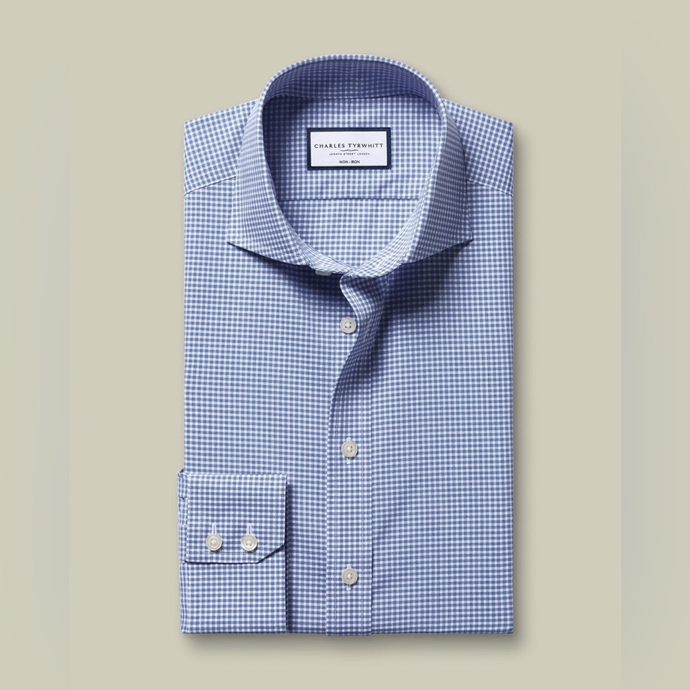 Non-Iron Stretch Poplin Gingham Shirt - Royal Blue - Picture 2 of 4